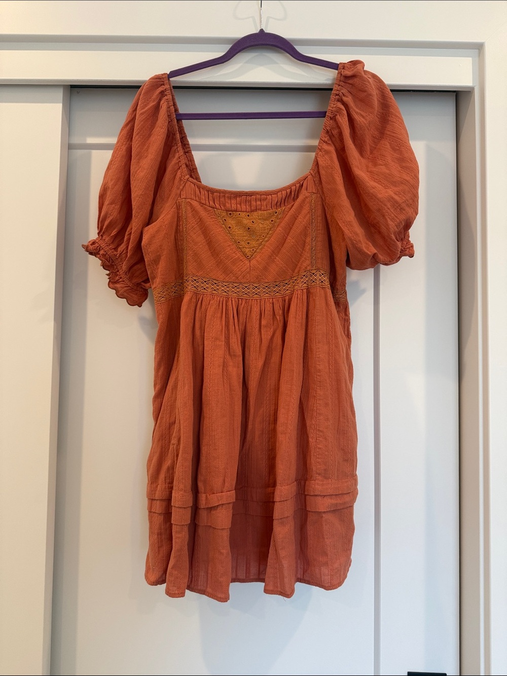 The Reset Rust Orange Puff Sleeve Mini Dress